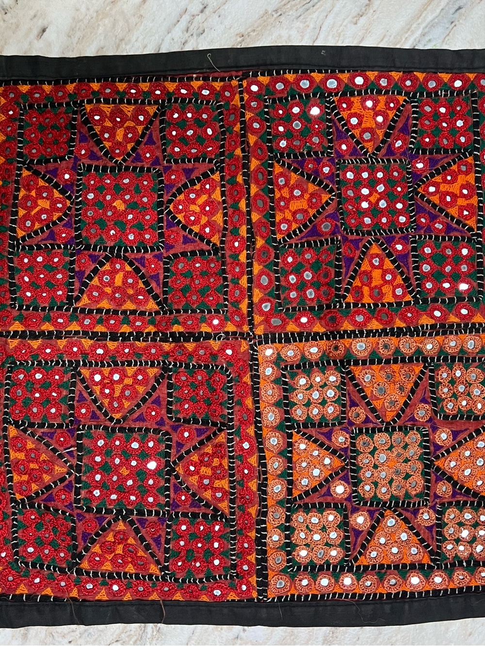 Hand-Embroidered Red/Orange Mirror Work Pillow Cover Traditional in India